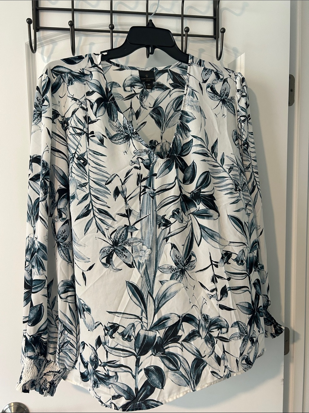 Worthington White Blouse with Black Floral Print